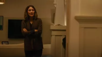 Max Mara Navy Blue & Brown Patterned Intarsia Wool Reversible Belt Coat worn by Sylvia (Rose Byrne) as seen in Platonic (S02E08)