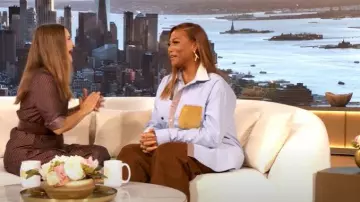 Marni Blue Cotton Shirt with Marni Mending Embroidery worn by Queen Latifah as seen in The Drew Barrymore Show on September 15, 2025