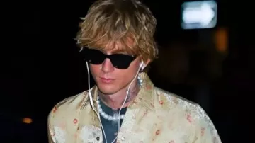 Vogue Cocktail Party Printed Shirt worn by Machine Gun Kelly in mgk at Vogue party ft. Kendall Jenner, Gigi Hadid, Anna Wintour. mgk met gala debut WHEN?? @Vogue