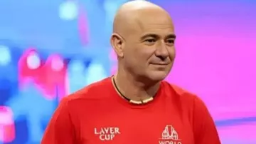 Laver Cup 2025 Red T-Shirt worn by Andre Agassi in Andre Agassi & Yannick Noah join Served LIVE from the Laver Cup Presented by ServiceNow
