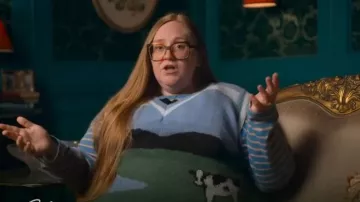 Shenhe Plus Size V Neck Cute Cow Print Graphic Sweater Vest worn by Hannah as seen in The Inheritance (S01E09)