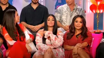 Lyaner V Neck Wrap Twist Front Half Sleeve Split Hem Cocktail Party Bodycon Midi Dress worn by Nicole Polizzi as seen in Jersey Shore: Family Vacation (S08E17)