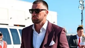 New Jersey Burgundy Suit worn by Travis Kelce in Travis Kelce Stuns In Burgundy Suit Ahead Of Chiefs vs Giants Clash In New York ||#nfl#chiefskingdom