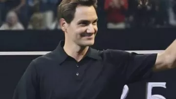 Laver Cup 2025 Black Polo Shirt worn by Roger Federer in Steph Curry and Roger Federer Coin Toss | Laver Cup 2025