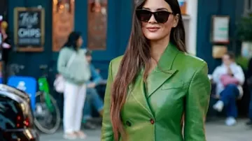 Olivia Munn 2025 LFW Erdem Show Green Leather Coat in BORA AKSU | SPRING-SUMMER 2022 | LONDON FASHION WEEK