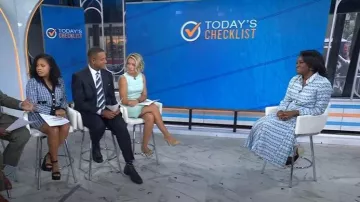 Larroudé Dolly Broderie Slip On Sandals worn by Sheinelle Jones as seen in Today on September 23, 2025