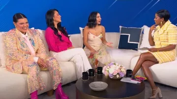 Nasty Gal Premium Sequin Feather Trim iridescent Pants worn by Tiffany Baira as seen in Tamron Hall Show on September 23, 2025