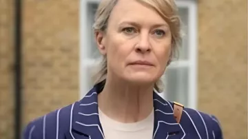 Robin Wright The Girlfriend 2025 Pinstripe Blazer worn by Laura (Robin Wright) as seen in The Girlfriend (S01E01)