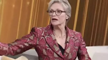 Access Daily Pink Jacquard Blazer worn by Jane Lynch as seen in Access Hollyood Live