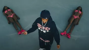 Spider Worldwide Navy & Pink Logo Sweatpants worn by 21 Savage in Travis Scott - TOPIA TWINS (Official Music Video) ft. Rob49, 21 Savage
