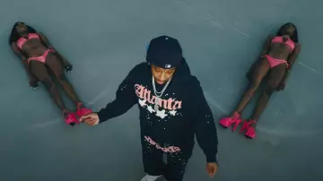 Spider Worldwide Navy & Pink Logo Sweatpants worn by 21 Savage in Travis Scott - TOPIA TWINS (Official Music Video) ft. Rob49, 21 Savage