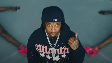Spider Worldwide Navy & Pink Atlanta Hoodie worn by 21 Savage in Travis Scott - TOPIA TWINS (Official Music Video) ft. Rob49, 21 Savage