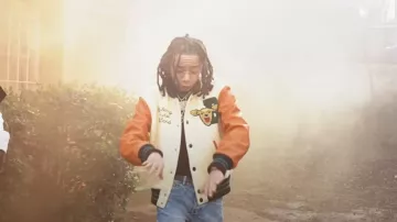 Burberry Ivory & Orange Deer Patch Varsity Jacket worn by YBN Nahmir in YBN Nahmir - Opp Stoppa (feat. 21 Savage) [Official Music Video]