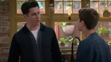 Reiss Tennant Stripe Colorblock Zip Front Wool Cable Stitch Cardigan In Navy/grey worn by Justin Russo (David Henrie) as seen in Wizards Beyond Waverly Place (S02E01)