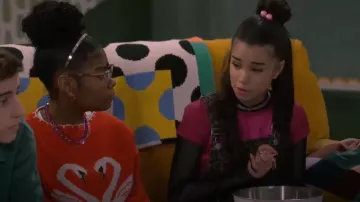 Miss Selfridge Blanket Stitch Swan Heart Sweater in Red worn by Winter (Taylor Cora) as seen in Wizards Beyond Waverly Place (S02E04)