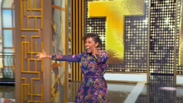 Saloni Jacqui B Dress in Nerine Navy worn by Tembi Locke as seen in Tamron Hall Show on September 25, 2025