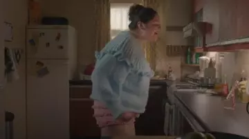 Ofreoo Pieces Light Blue Ruffle Sweater worn by Jessica Salmon (Megan Stalter) as seen in Too Much (S01E09)