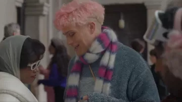 Marni White/Blue/Pink Striped Mohair Scarf worn by Boss Gibbons (Leo Reich) as seen in Too Much (S01E10)