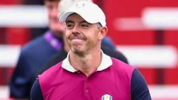 Team Europe Ryder Cup Purple Shirt worn by Rory McIlroy in Rory McIlroy Makes Long Putt to Tie Match on 11th Hole | 2025 Ryder Cup