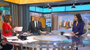Black Halo Kensington Dress in Dark Indigo worn by Celine Gounder as seen in CBS Mornings on September 24, 2025