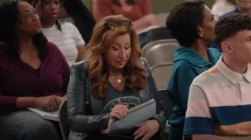 Veronica Beard Cooke Faux Leather Dickey Jacket worn by Melissa Schemmenti (Lisa Ann Walter) as seen in Abbott Elementary (S05E01)