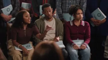 Maeve Plunging Polo Cardigan In Red worn by Tasha Hoffman (Taylor Garron) as seen in Abbott Elementary (S05E01)