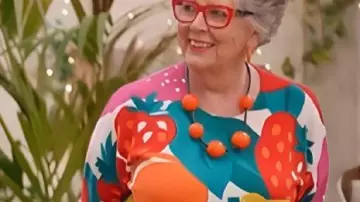 The Great British Bake Off Fruit Printed Sweater worn by (Prue Leith) as seen in The Great British Bake Off (S08E07)