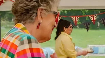 Prue Leith The Great British Bake Off S16 Multicolor Blazer worn by Prue Leith as seen in The Great British Bake Off