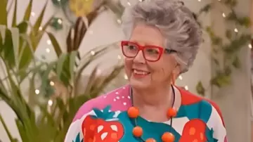 The Great British Bake Off S16 Prue Leith Fruit Printed Sweater worn by Prue Leith as seen in The Great British Bake Off