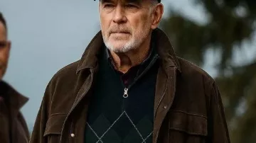Conrad Harrigan MobLand Brown Suede Leather Jacket worn by Conrad Harrigan (Pierce Brosnan) in MobLand (S01)