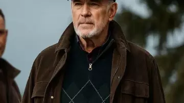 Conrad Harrigan MobLand Brown Suede Leather Jacket worn by Conrad Harrigan (Pierce Brosnan) in MobLand (S01)