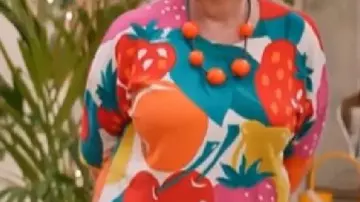 Fruit Print Sweater worn by (Prue Leith) in The Great British Bake Off (S08)