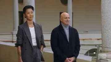 A.L.C Charles Pinstriped Wool-Blend Wide-Leg Pants worn by Kristen Kish as seen in Top Chef (S22E14)