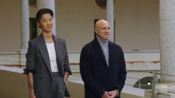 A.L.C Charles Pinstriped Wool-Blend Wide-Leg Pants worn by Kristen Kish as seen in Top Chef (S22E14)