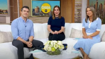 Maje Knit Crop Jumper with Rhinestones worn by Rebecca Jarvis as seen in Good Morning America on October 6, 2025