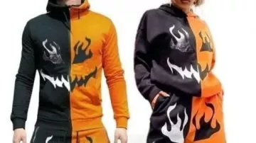 Survêtement de couple d’Halloween orange et noir porté par Jensen Ackles en DIY Orange est le nouveau costume d’Halloween noir ! | Krazyrayray