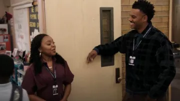 Story Mfg. Polite Logo Embroidered Checked Organic Cotton Corduroy Sweatshirt worn by Tariq (Zack Fox) as seen in Abbott Elementary (S05E02)