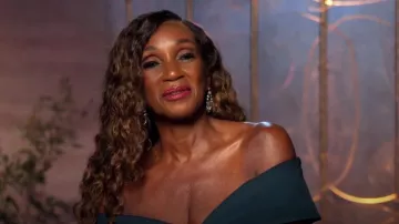 I.n.c. International Concepts Silver-Tone 2-Pc. Set Pear-Shape Crystal Stud & Orbital Drop Earrings worn by Gerri Flowers as seen in The Golden Bachelor (S02E02)