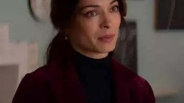 Murder in a Small Town Maroon Velvet Blazer worn by (Kristin Kreuk) as seen in Murder in a Small Town