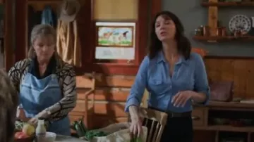 Chemise à panneaux flammés transparents James Perse portée par Lou Fleming (Michelle Morgan) comme on le voit dans Heartland (S19E02)