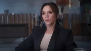 Victoria Beckham Shawl Collar Tuxedo Jacket In Black worn by Victoria Beckham as seen in Victoria Beckham (S01E01)