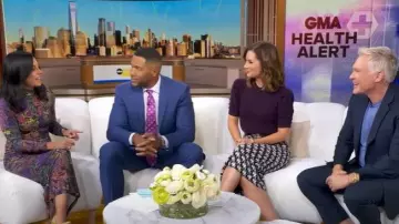 A.L.C. Bell Dancers-Print Midi Pencil Skirt worn by Rebecca Jarvis as seen in Good Morning America on October 10, 2025