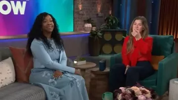 Oscar de la Renta Cherry Blossom Printed Denim Sleeveless Midi Dress worn by Shonda Rhimes as seen in The Kelly Clarkson Show on October 14, 2025