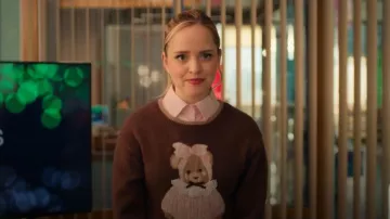 Cider Bear Graphic Sweater worn by Ainsley (Stephanie Styles) as seen in Loot(S03E01)