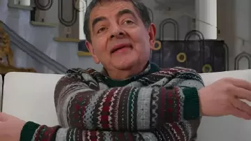 Man vs Baby Rowan Atkinson Christmas Sweater worn by Trevor Bingley (Rowan Atkinson) as seen in Man Vs Baby (S01E01)