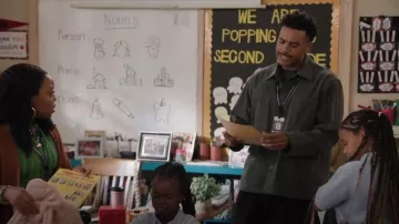 Man Tie R18 Jebok 2 Jacket Sumi Organic Denim worn by Tariq (Zack Fox) as seen in Abbott Elementary (S05E02)