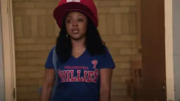Philadelphia Phillies G III 4 Her Blue Print Short Sleeve T Shirt worn by Janine Teagues (Quinta Brunson) as seen in Abbott Elementary (S05E03)