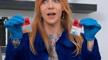 High Potential S02 Kaitlin Olson Blue Fur Jacket worn by Morgan Gillory (Kaitlin Olson) in High Potential (S02)