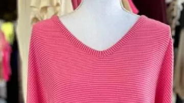 Baylen Out Loud S2 Baylen Dupree Pink V-Neck Striped Sweater