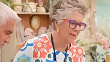 Great British Bake Off S16 Prue Leith Printed Blouse worn by Self - Presenter (Noel Fielding) in The Great British Bake Off